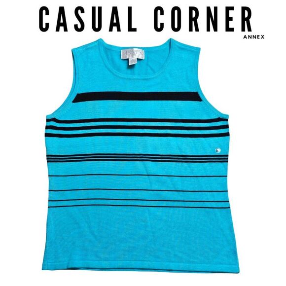 CASUAL CORNER Annex Nautical Striped Teal Blue Knit CottonBlend Shell Tank Top M - Picture 1 of 10